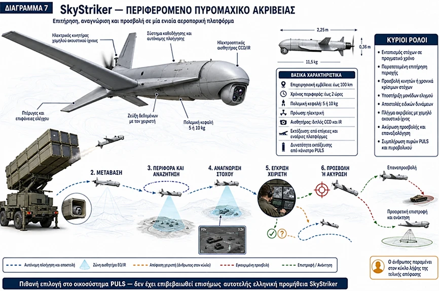 Διάγραμμα 7. SkyStriker — πιθανό συμπληρωματικό περιφερόμενο πυρομαχικό στο οικοσύστημα PULS· όχι επιβεβαιωμένη αυτοτελής ελληνική προμήθεια.