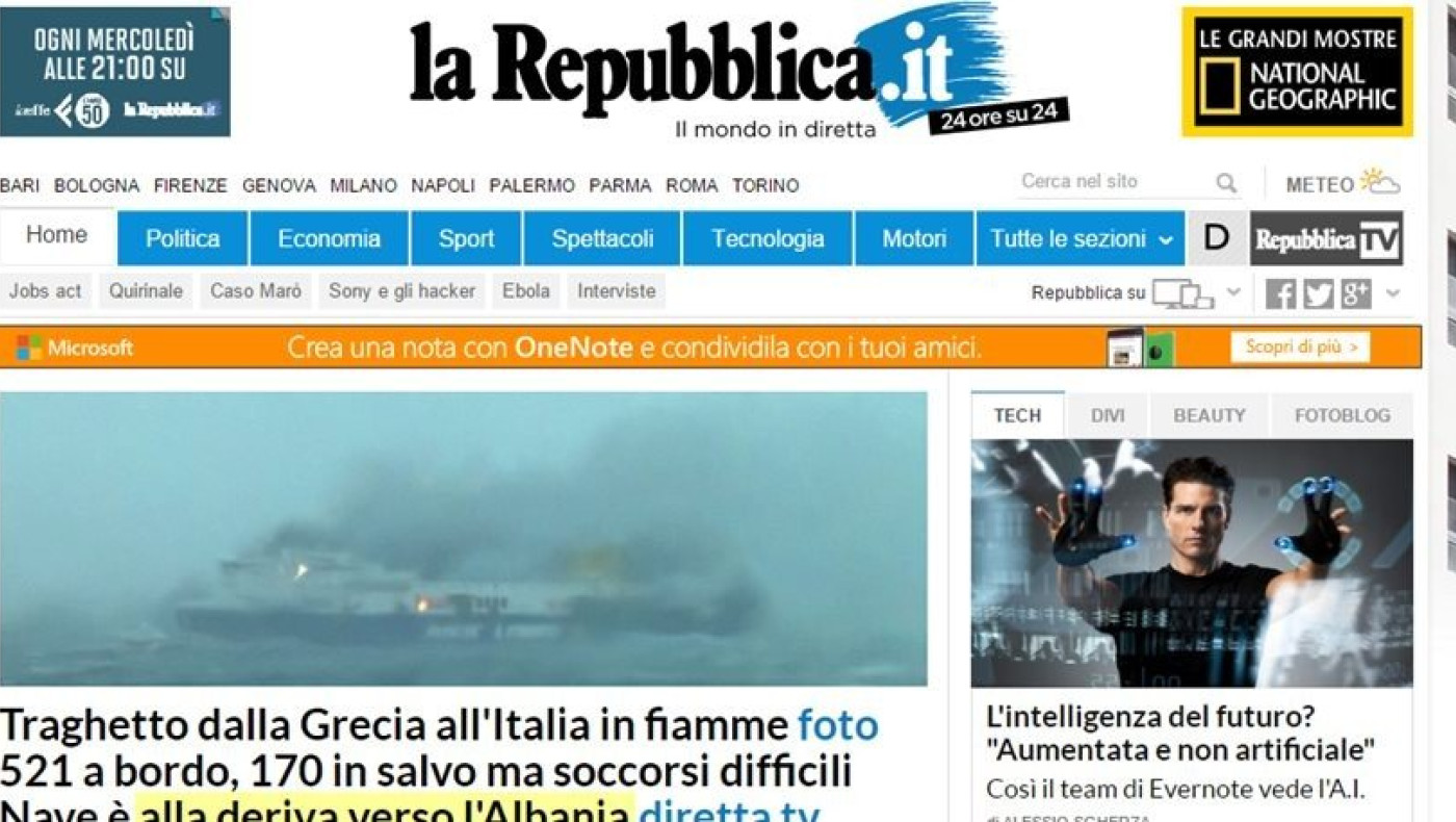La Repubblica: Ζήτησε από επιβαίνοντες στο Norman Atlantic να στείλουν υλικό